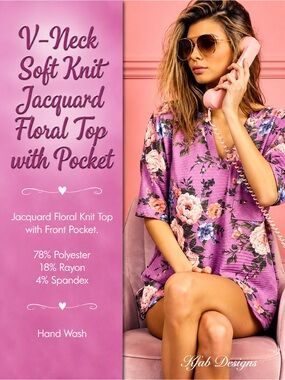 V-neck Soft Knit Jacquard Floral Top with Pocket